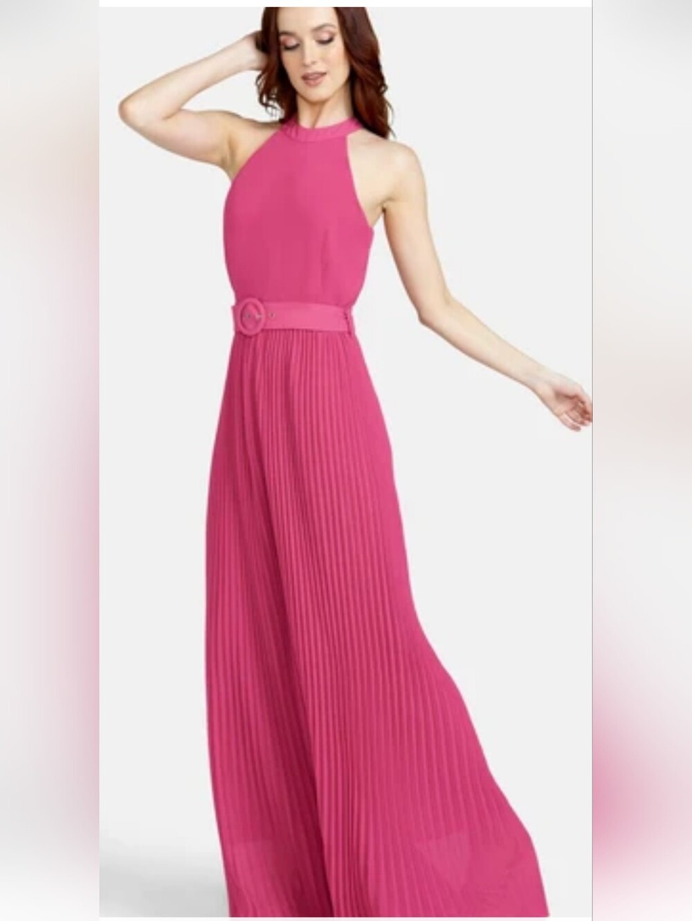 Alloy Apparel Tall Pleated Belted Halter Maxi Dress Womens Size L Pink 180235